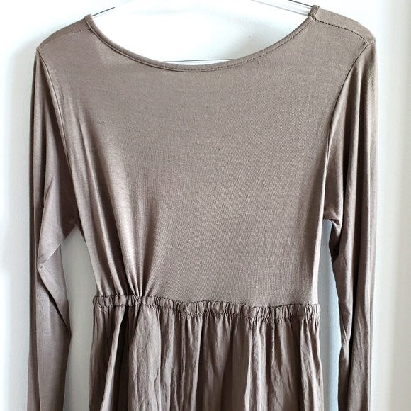 Linen Beige Long Sleeve Gauzy Boho Synched Draw String Waist Higher Front NWOT - Picture 5 of 11